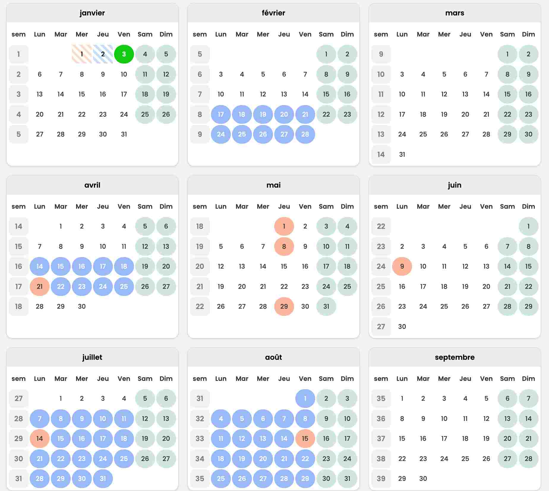 Calendrier 2025 - Interface utilisateur