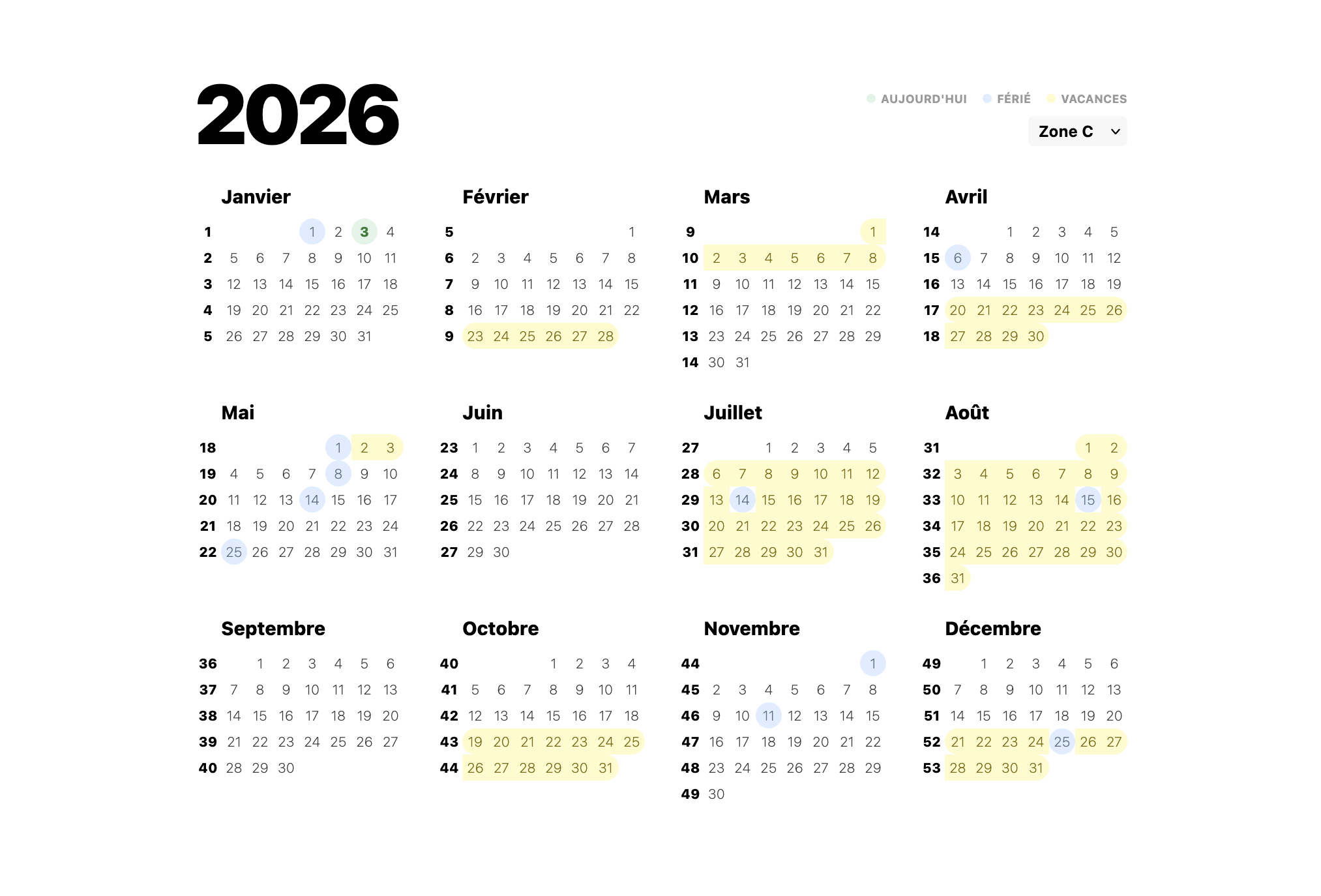 Calendrier 2026 - Interface utilisateur